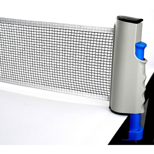 Fox TT Retractable Table Tennis Net attached to a ping pong table, showcasing its compact and adjustable design for sporting goods use.