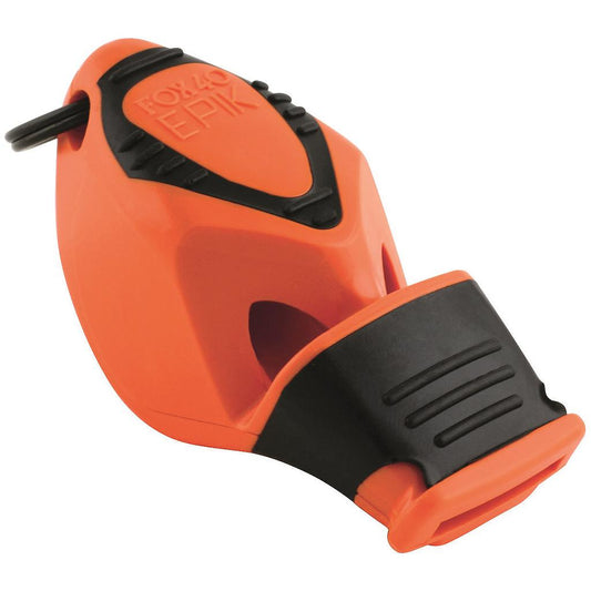 Fox 40 Epik CMG safety whistle with strap, compact yellow plastic whistle designed for emergency and outdoor safety use.