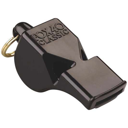 Fox 40 Classic whistle in black, featuring a compact design and durable construction, perfect for sports and safety signaling.