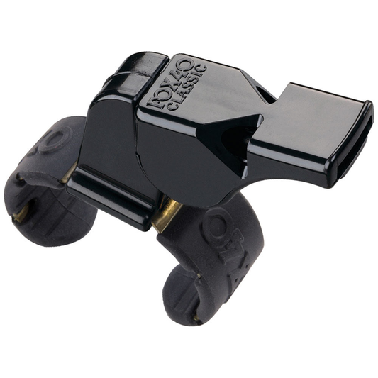 Fox 40 Classic Official Fingergrip Whistle showing black plastic body and ergonomic design for referees and officials