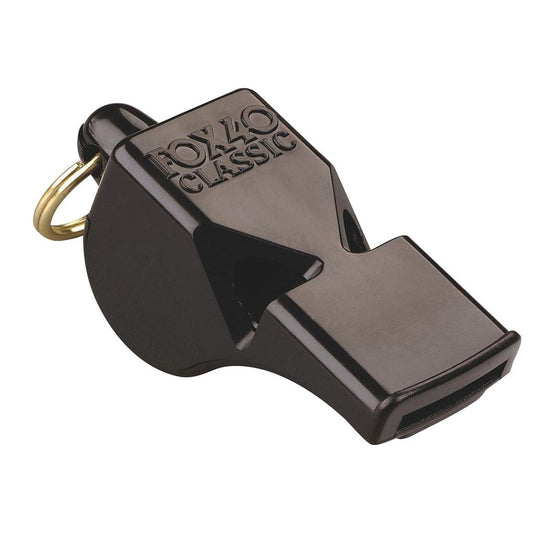 Fox 40 Classic official whistle with strap, black plastic construction, featuring a lanyard for sports or refereeing use.