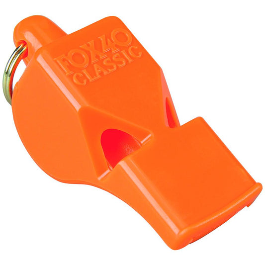 Fox 40 Classic safety whistle with strap, featuring bright orange plastic body and lanyard for outdoor safety and signaling.