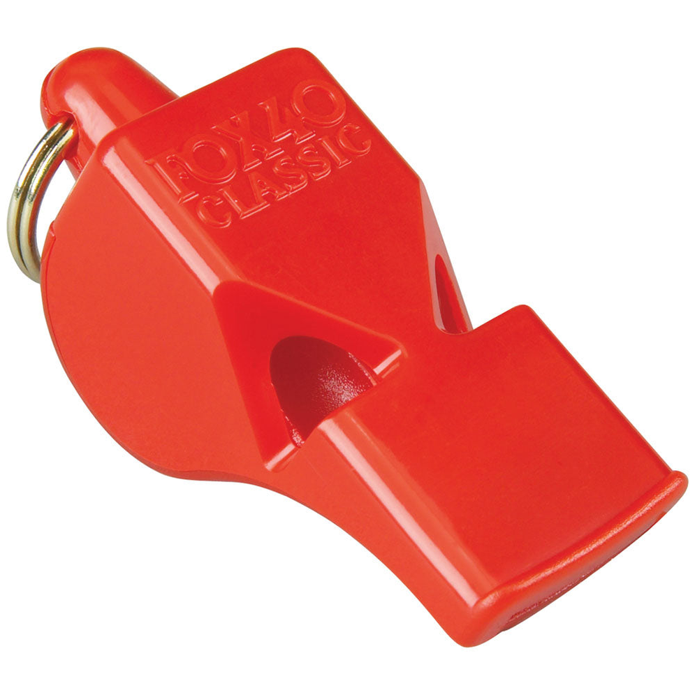 Fox 40 Classic safety whistle with strap, compact plastic design, orange color, and built-in lanyard for outdoor safety use.
