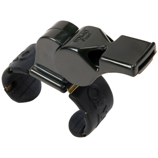 Fox 40 Pearl official fingergrip whistle with bright yellow body and black finger grip, designed for sports and safety use.