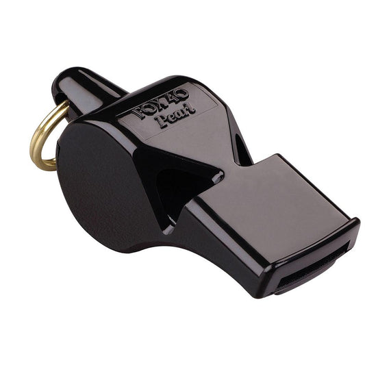 Fox 40 Pearl official whistle with strap, featuring a bright yellow body and clear mouthpiece for safety and signaling.