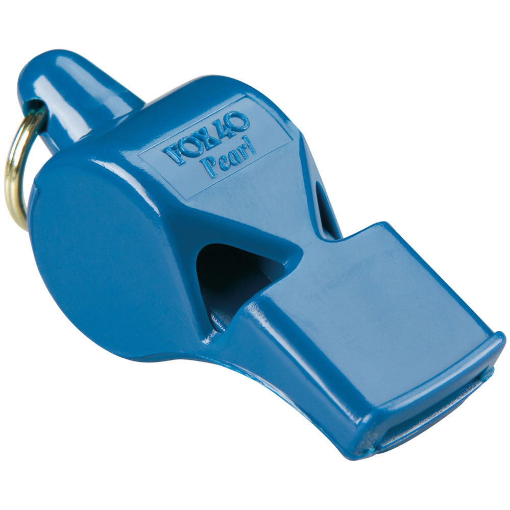 Fox 40 Pearl safety whistle with strap, compact and bright red, designed for signaling and emergency use.
