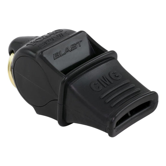 Fox 40 Sonik Blast CMG whistle with lanyard, featuring bright yellow color and durable plastic construction.