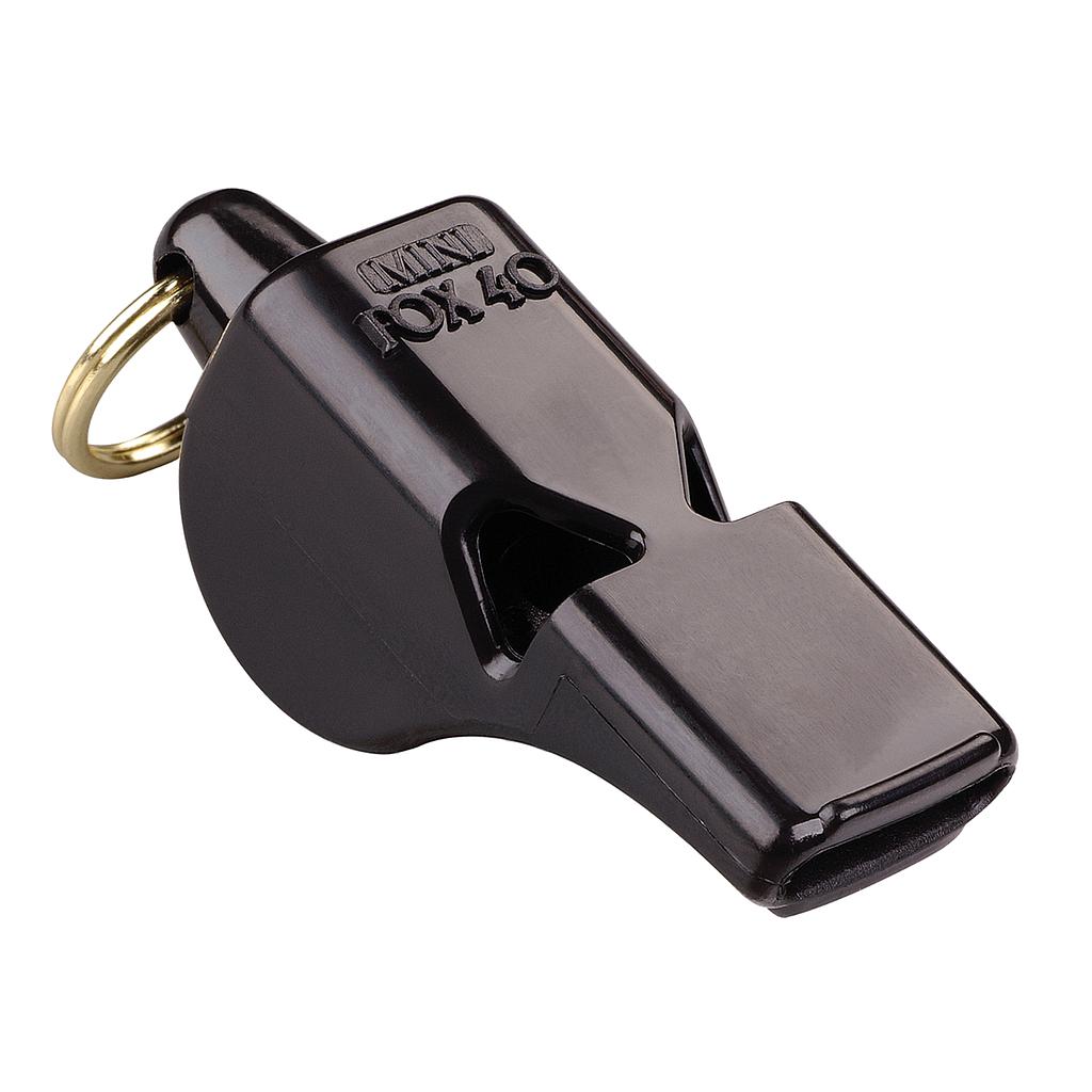 Fox 40 Mini Whistle with wrist lanyard, compact safety whistle in black with orange accent, designed for easy use and visibility.