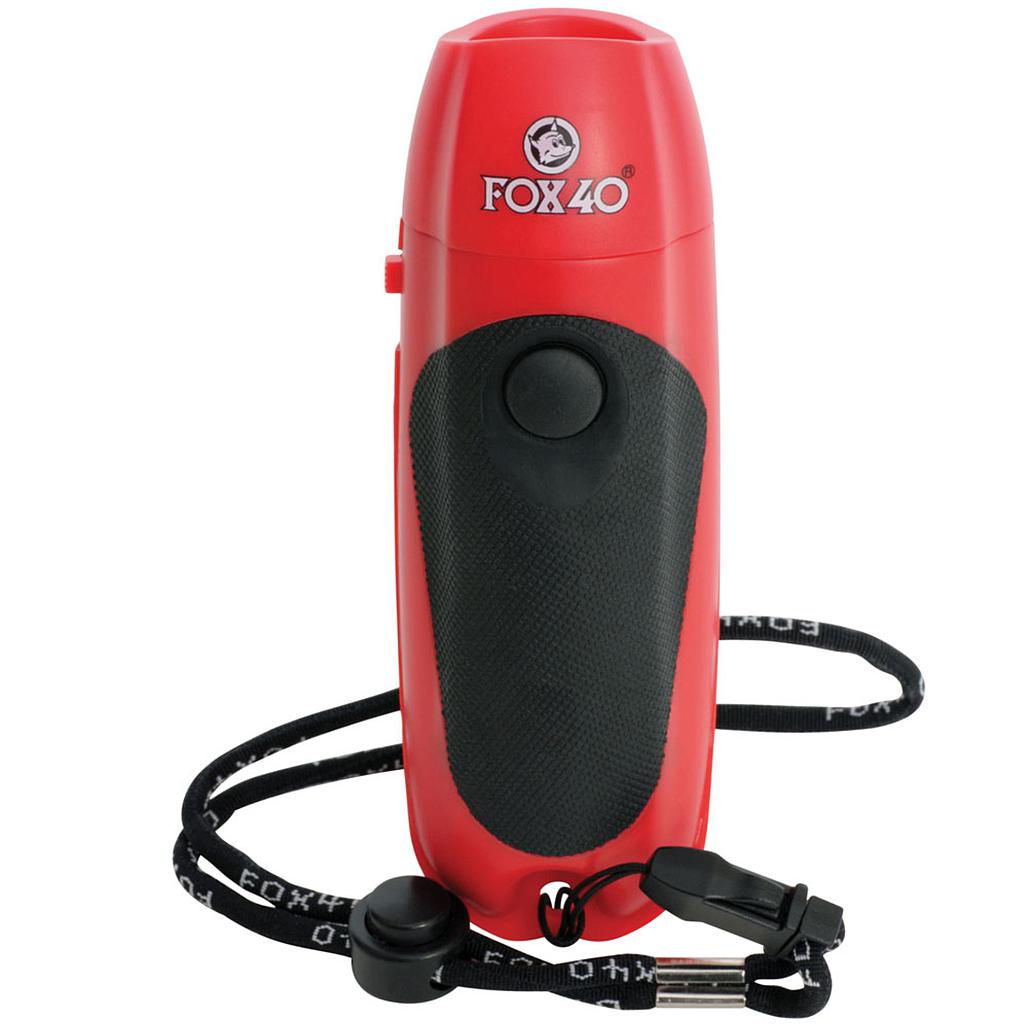 Fox 40 Electronic Whistle showing sleek black design with digital controls and speaker for clear sound signaling.