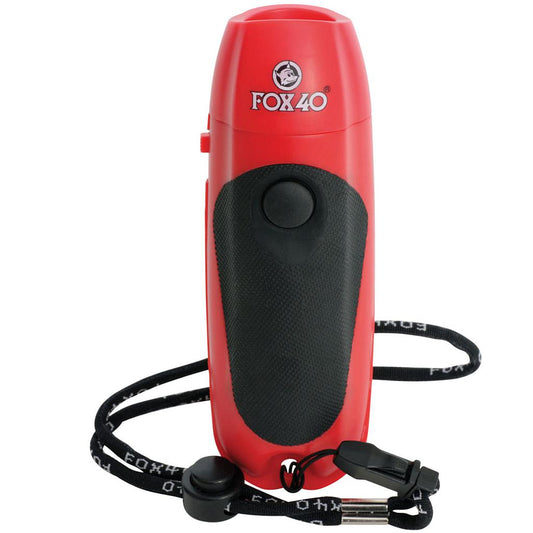 Fox 40 Electronic Whistle showing sleek black design and digital control panel, perfect for sports and safety signaling.