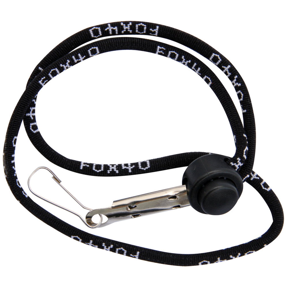 Fox 40 Wrist Lanyard for sporting goods, shown in black with adjustable strap and clip for secure attachment.