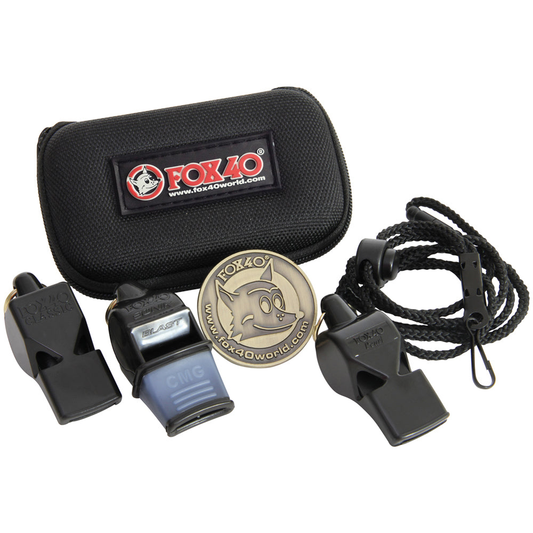 Set of three Fox 40 whistles, compact and durable plastic sports whistles with lanyards, designed for training and safety.
