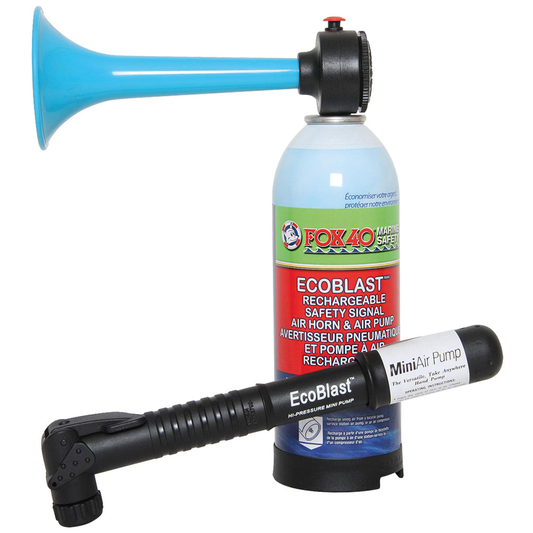 Fox 40 Ecoblast rechargeable air horn with pump, sporting goods, shown with pump and compact design in blue and black.