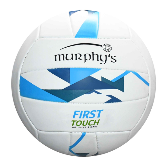 Murphy's Gaelic football with brown leather surface, white stitching, and Murphy's branding, designed for Gaelic sports.