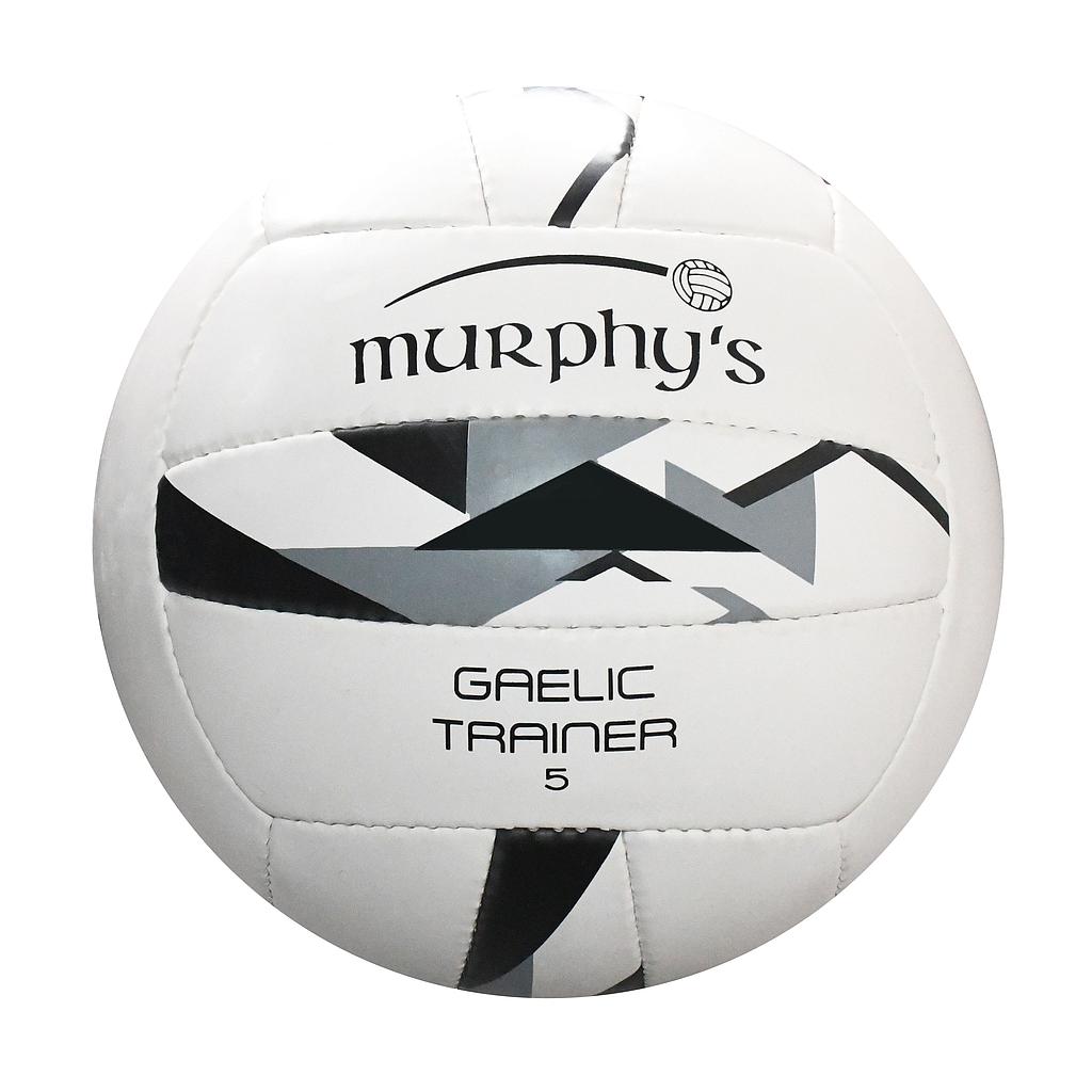 Murphy's Gaelic football with traditional brown leather surface and white stitching, designed for Gaelic sports and outdoor play.