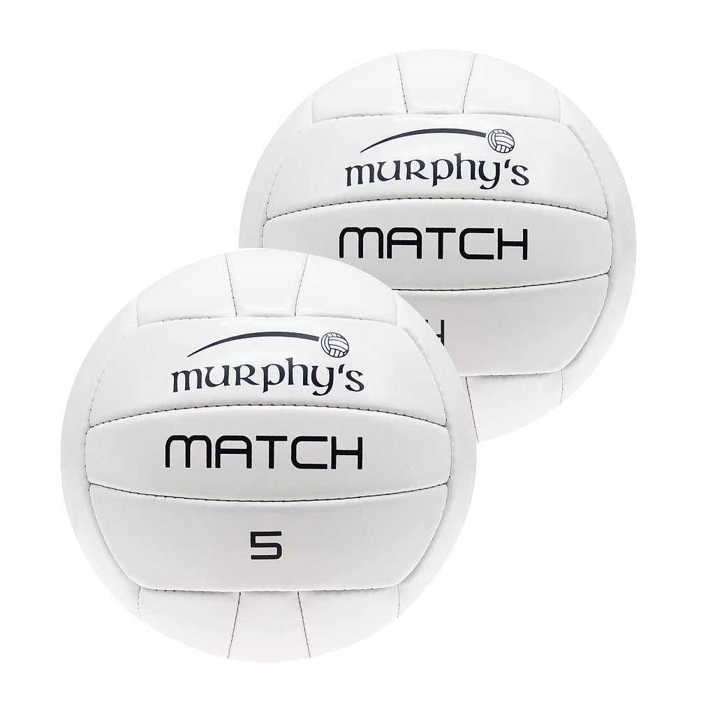 Murphy's Gaelic match balls for Gaelic football, showing a set of white and green sports balls with Murphy's branding.