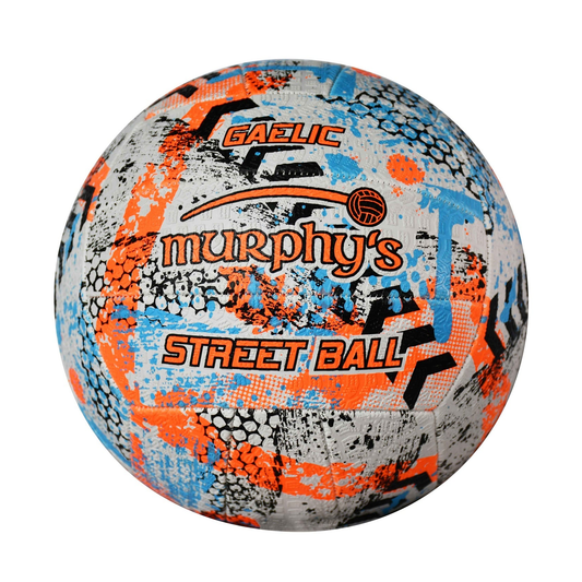 Murphy's Gaelic Street Football in black and white, showing the textured surface and brand logo for sporting goods use.