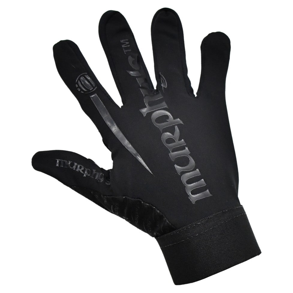 Murphy's strapless Gaelic gloves for juniors, sporting goods, shown in black with detailed stitching and fingerless design