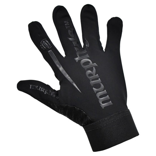 Murphy's strapless Gaelic gloves for sporting goods, featuring a snug fit and Gaelic-inspired design, shown in black and white.