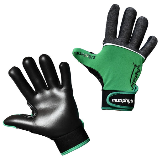 Murphy's V2 Gaelic Gloves Junior for sporting goods, showing black and green Gaelic sports gloves with adjustable wrist straps.