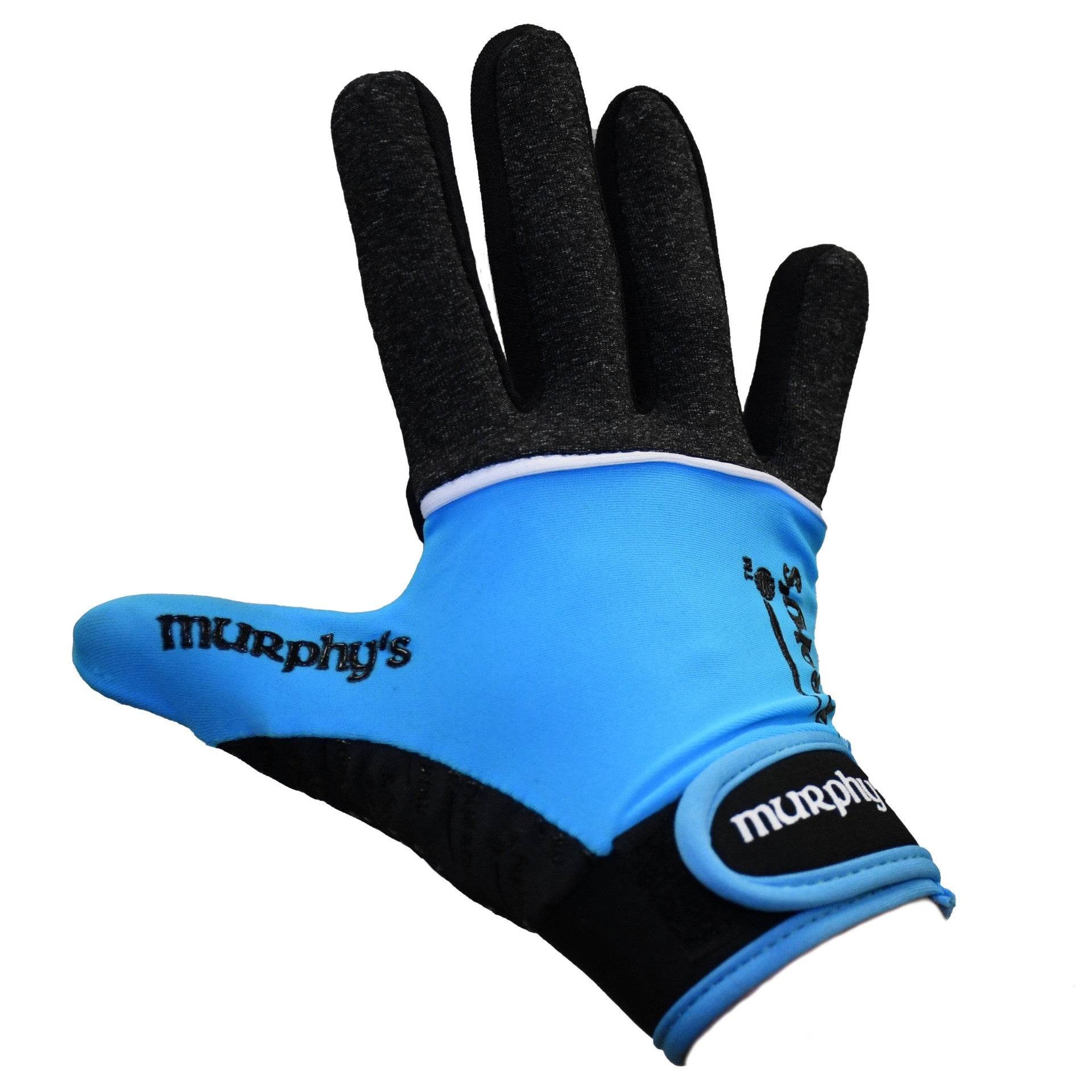 Murphy's V2 Gaelic gloves for juniors, sporting goods, black and white design, with fingerless style for Gaelic sports.
