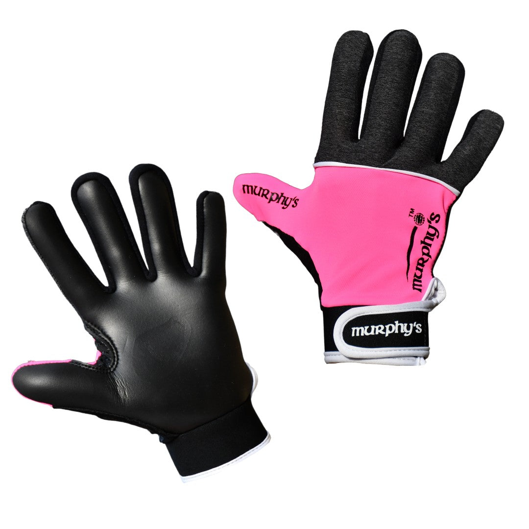 Murphy's V2 Gaelic gloves for juniors, black and white sporting goods gloves with padded palms and adjustable wrist straps.