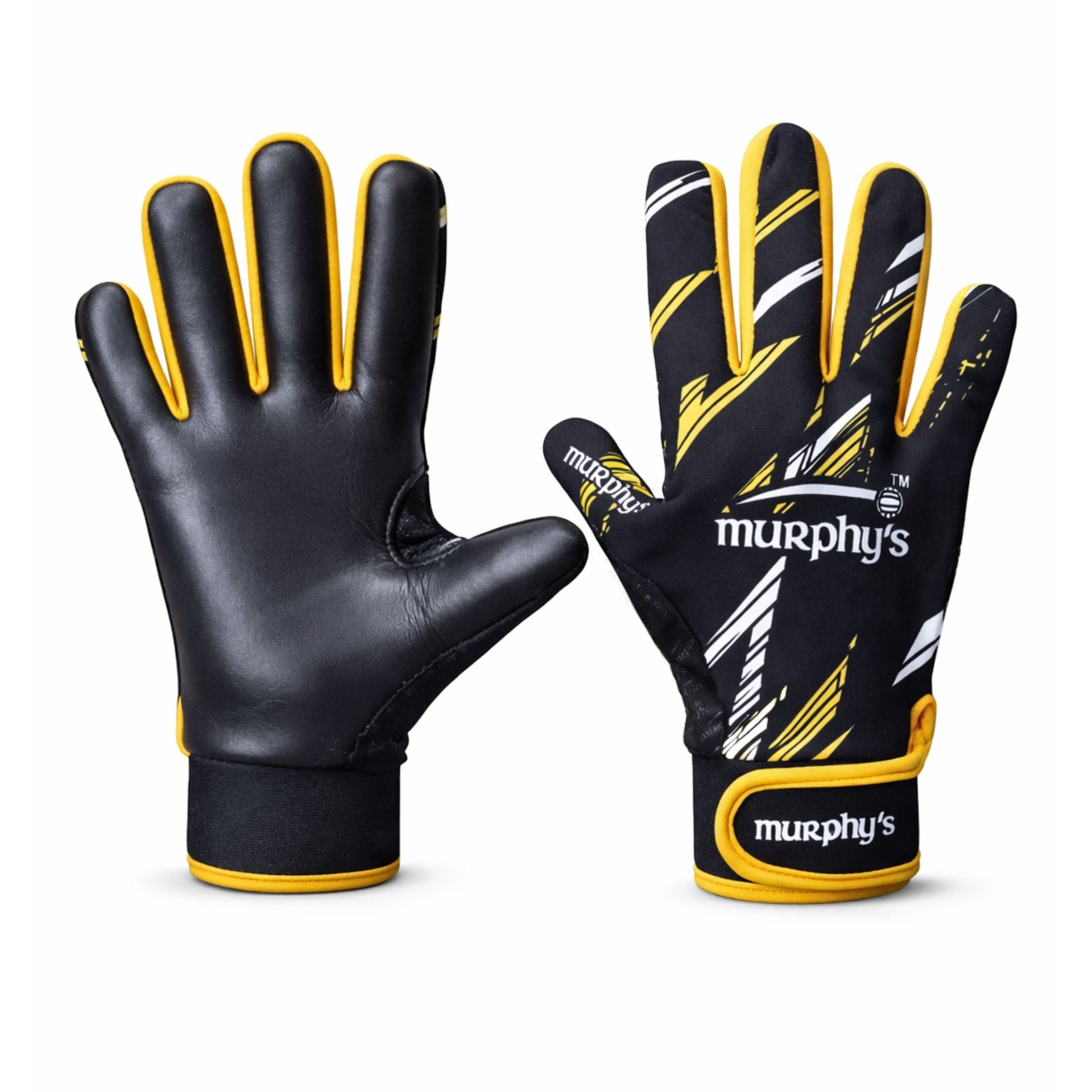 Murphy's Vision Gaelic Junior Gloves, black and white sporting gloves with logo, designed for Gaelic sports and outdoor activities.
