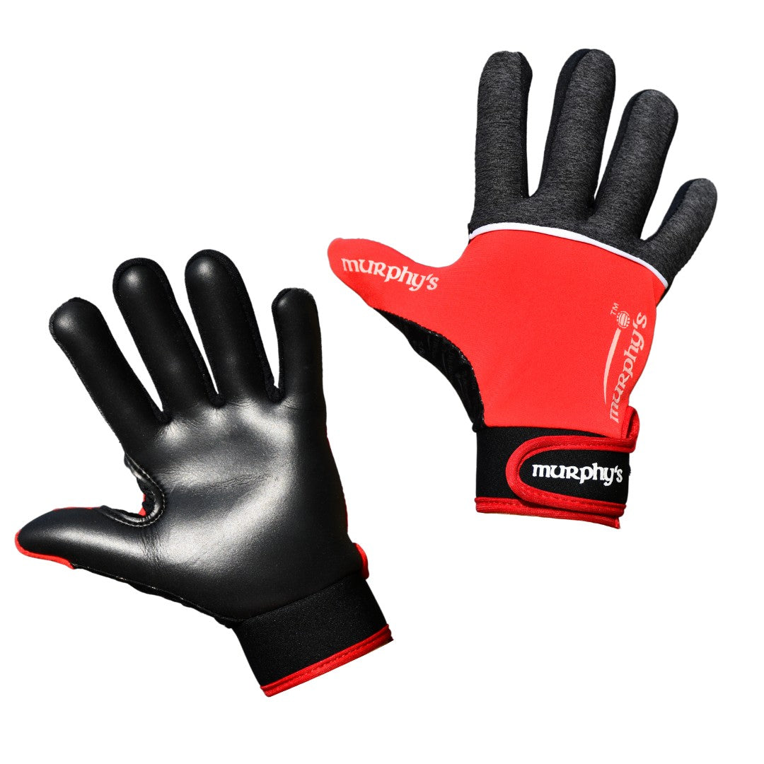 Murphy's V2 Gaelic gloves for sporting goods, showing black and white Gaelic sports gloves with branding details.