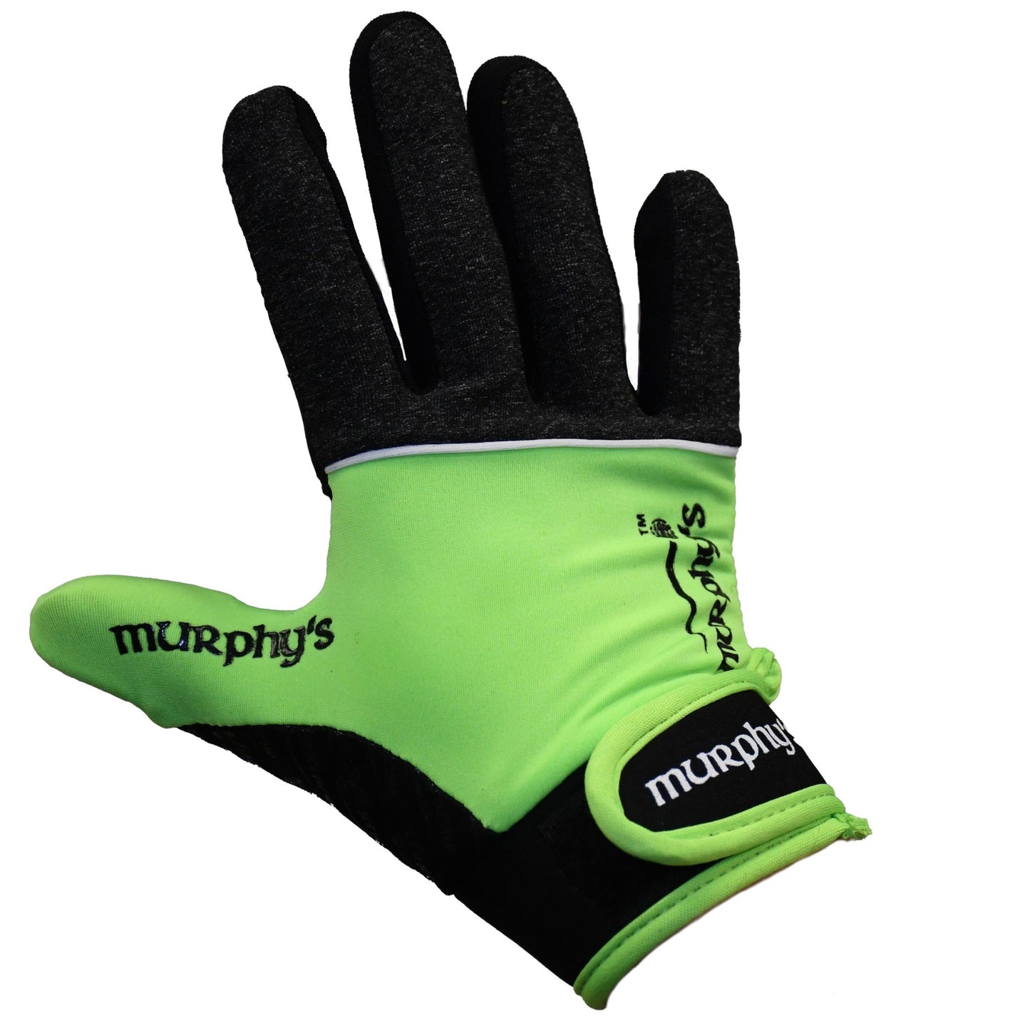 Murphy's V2 Gaelic Gloves for sporting goods, showing black and green gloves with textured grip and adjustable wrist strap.