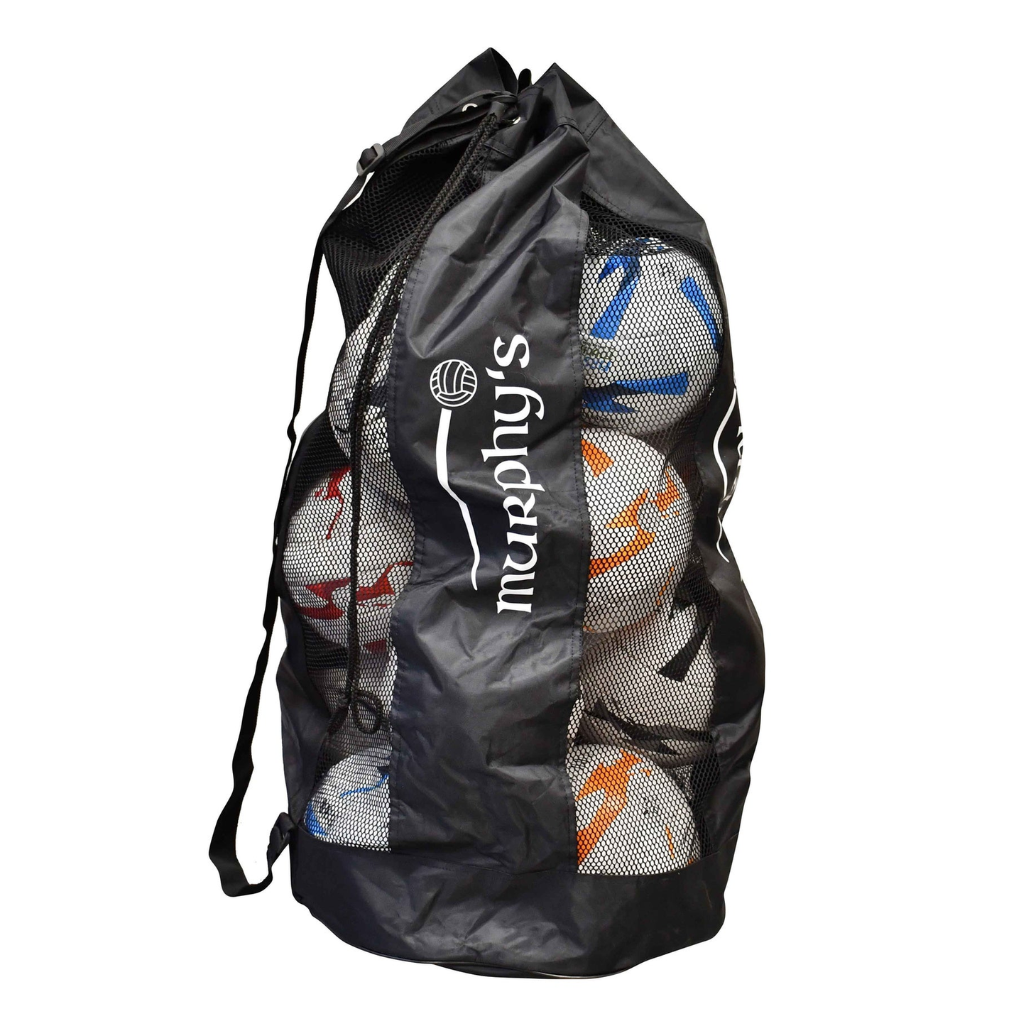 Murphy's 12-ball Gaelic football sack showing multiple footballs with the Murphy's logo and sturdy fabric construction.