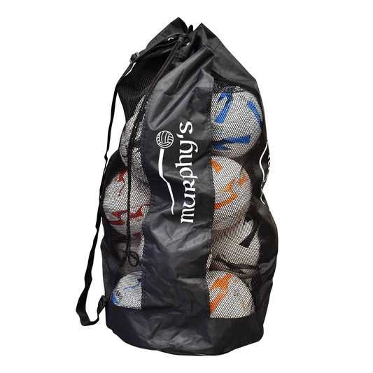 Murphy's 12 Ball Gaelic Football Sack, sports equipment for storing and transporting Gaelic footballs, in black with branding.