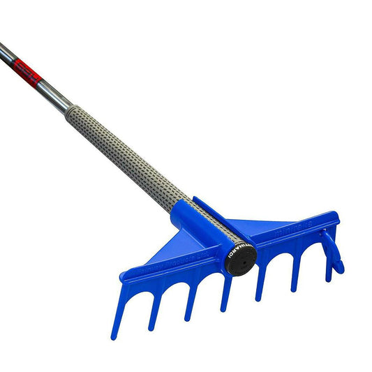 Longridge Mini Golf Rake for sporting goods, showing the compact rake with a handle and teeth for golf course maintenance.