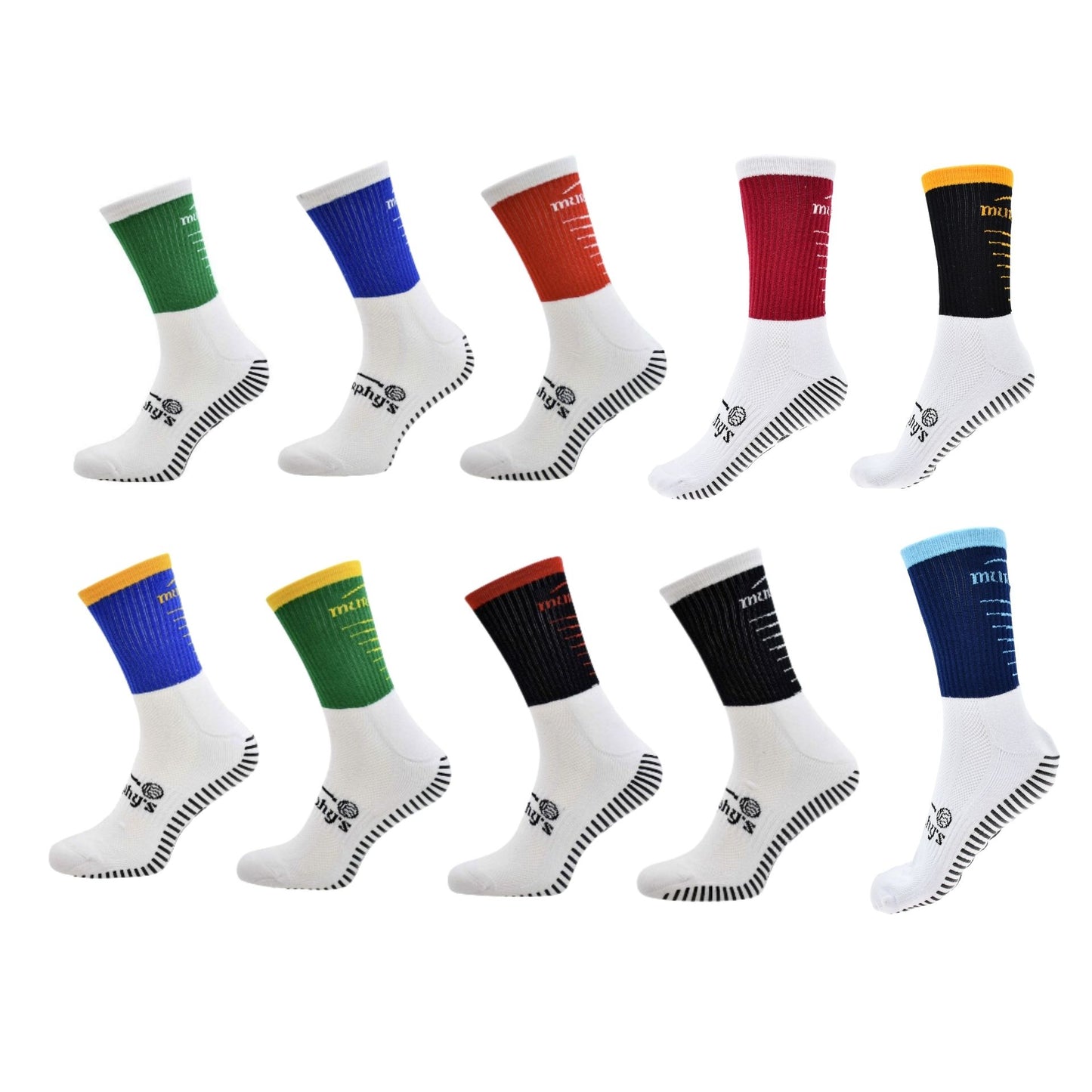 Murphy's Pro Mid Grip Socks Junior, athletic sporting goods, close-up of black and white grip socks with Murphy's branding