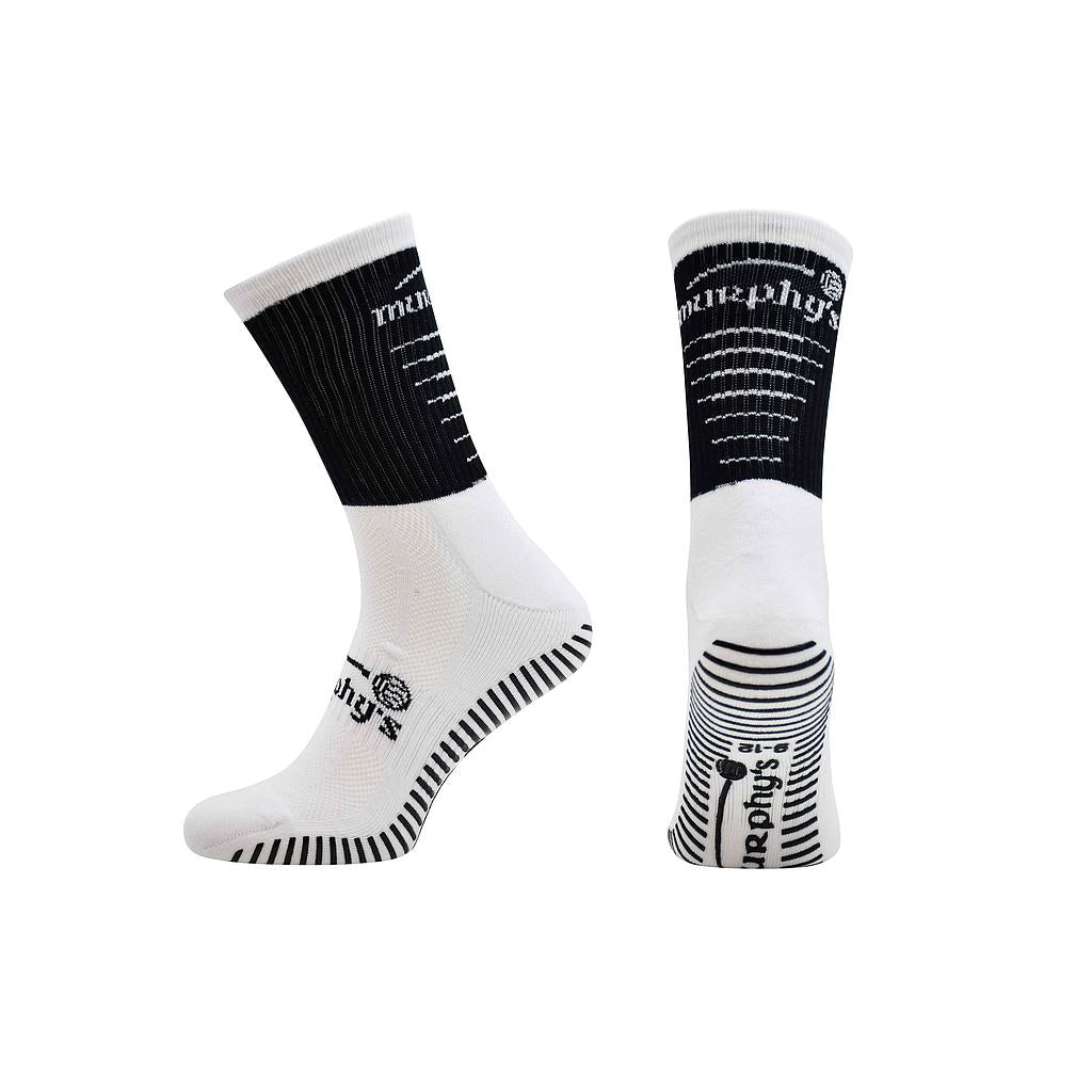 Murphy's Pro Mid Grip Socks Junior for sports, featuring mid-length design and grip support, in black and white.