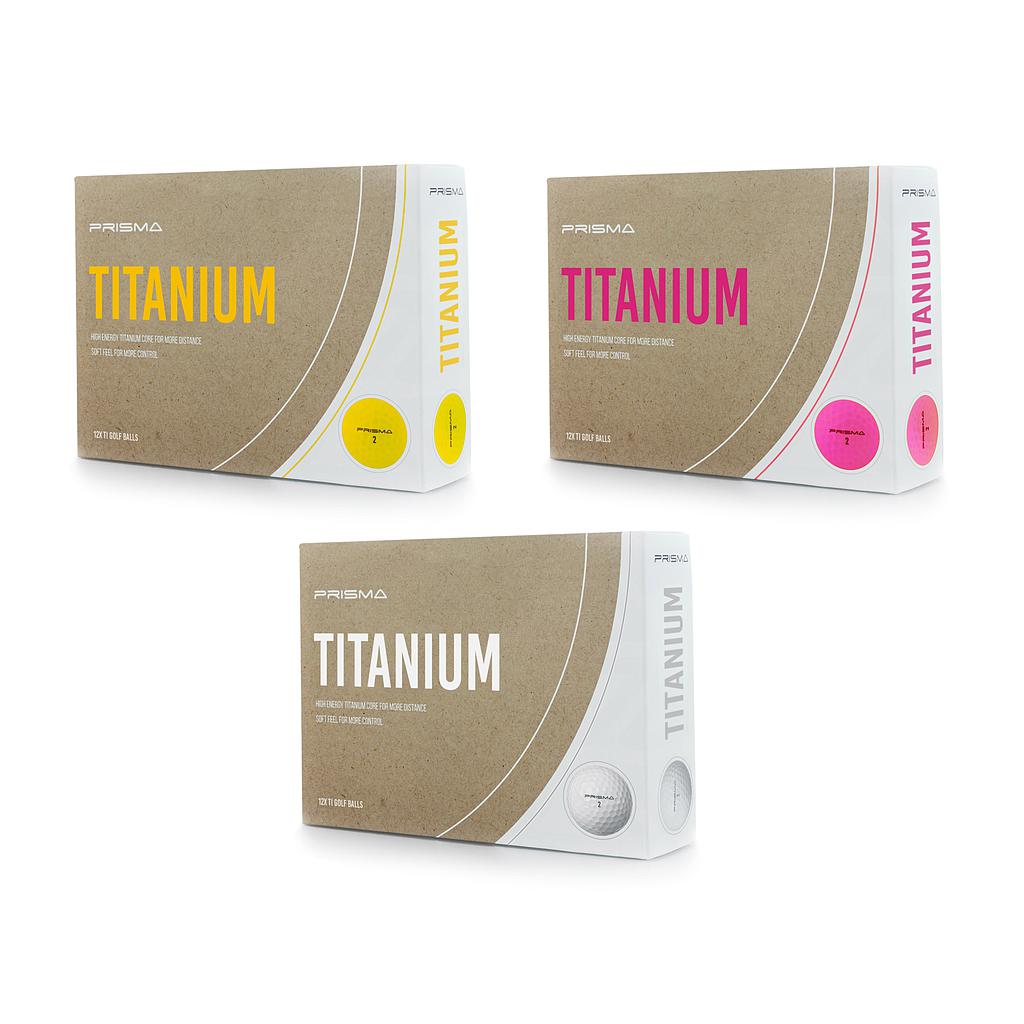 Box of 12 Masters Prisma Titanium golf balls with sleek white design and branding, perfect for sporting goods.