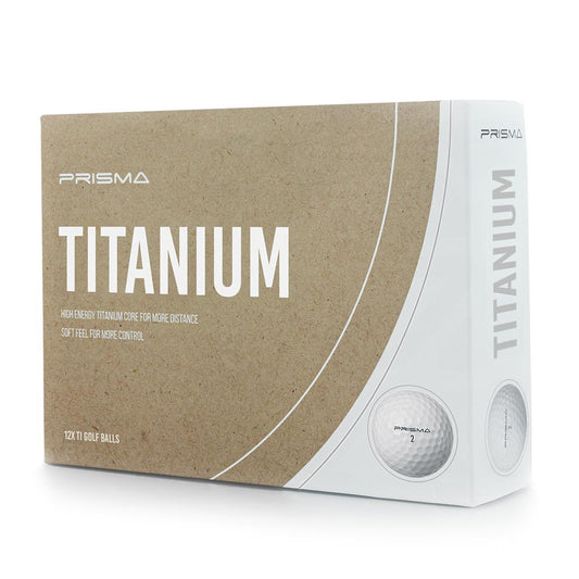 Box of 12 Masters Prisma Titanium golf balls with sleek design, ideal for enhancing golf game performance and precision.