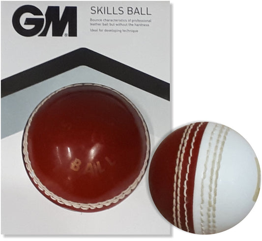 Gunn & Moore GM Skills cricket ball with red leather and stitched seam, designed for training and match play in cricket.