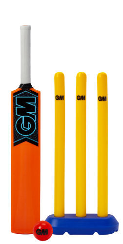 Gunn & Moore GM Striker Cricket Set with cricket bat, ball, and stumps for kids and beginners.