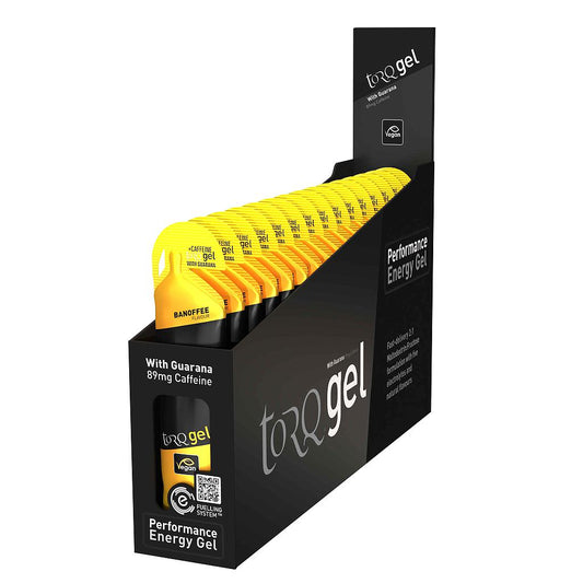 Torq Energy Gel with Guarana box of 15 sporting goods, showing individual gel packets for athletic energy and endurance.