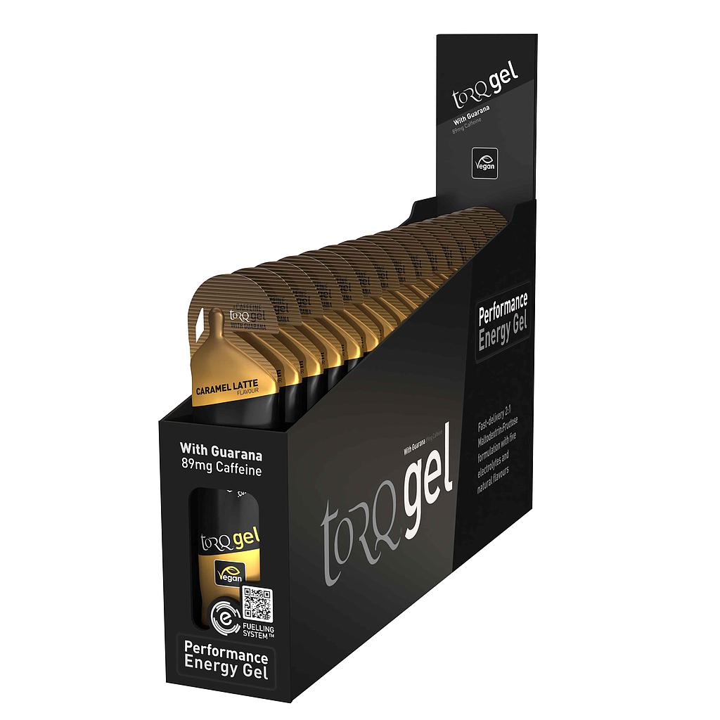Box of 15 Torq Energy Gels with Guarana, sporting goods, featuring individual gel packets for energy and hydration.