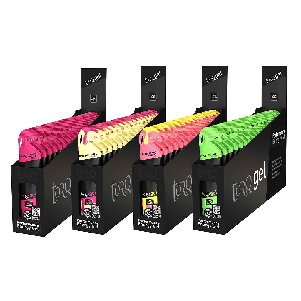 Box of 15 Torq Energy Gels for sports nutrition, featuring easy-to-open packaging and individual gel servings for athletes.
