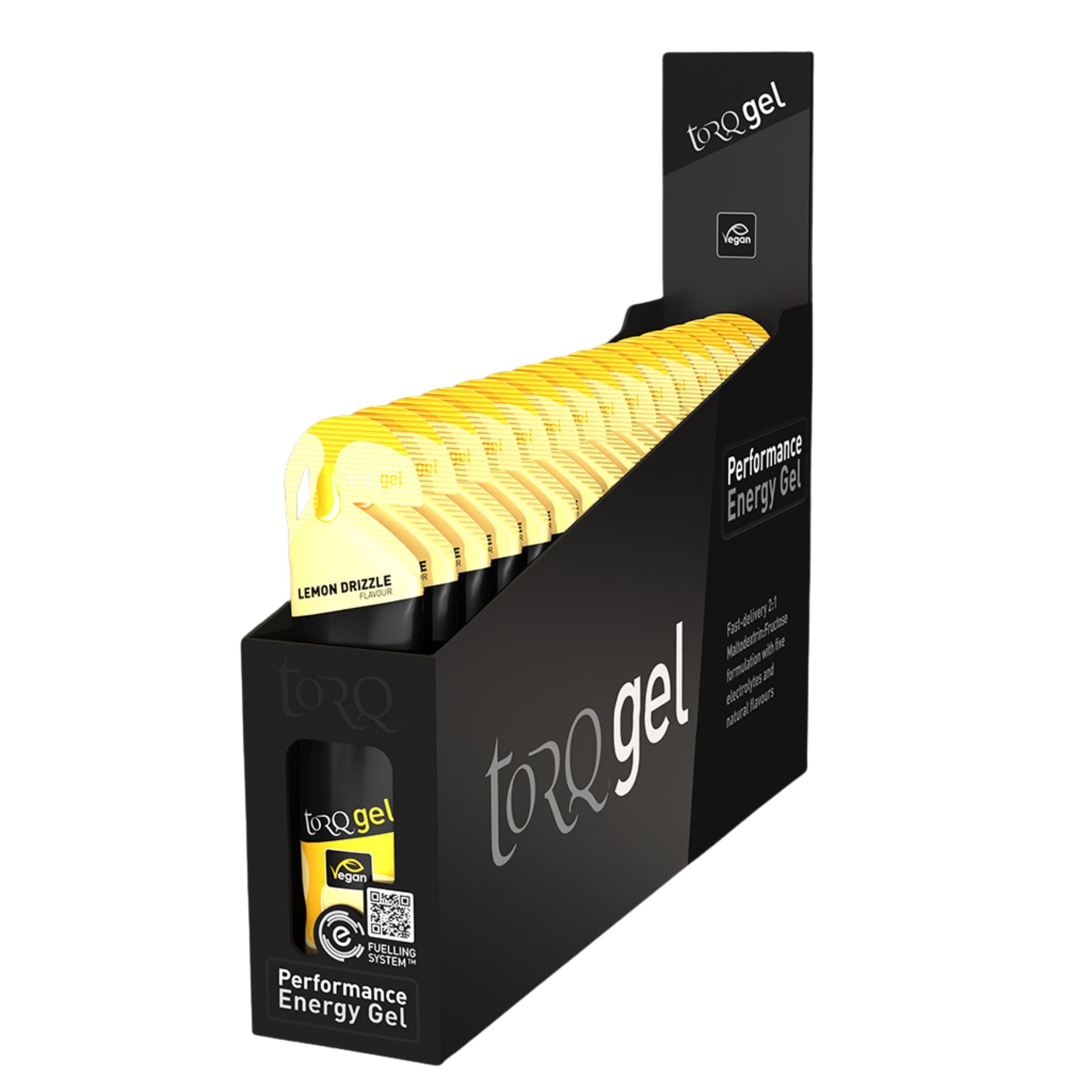 Box of 15 Torq Energy Gels for sports nutrition, featuring individual gel packets in a cardboard box.