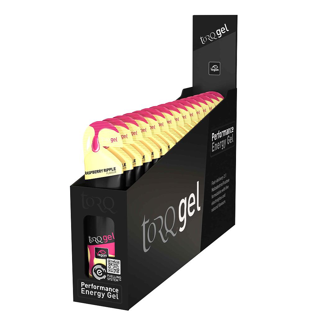 Box of 15 Torq Energy Gel packets for athletes, featuring easy-to-open packaging and vibrant branding for sports nutrition.