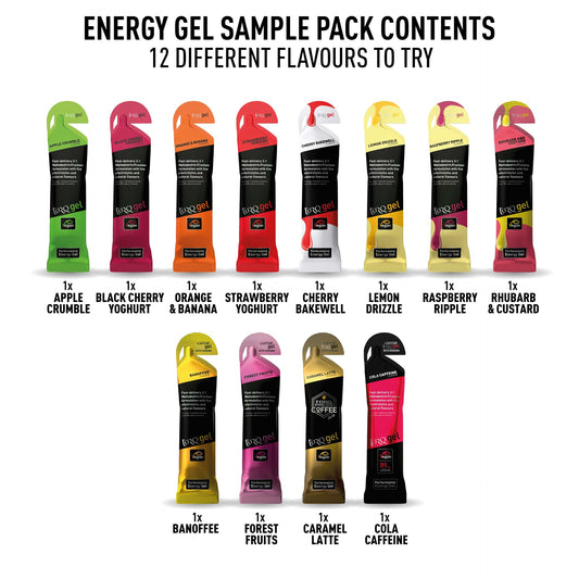 Torq 12 Energy Gel Sampling Pack with assorted sports gels, ideal for athletes and endurance training.