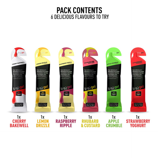 Torq 6-pack energy gel sampling pack with six individual gel sachets for sports and active nutrition.