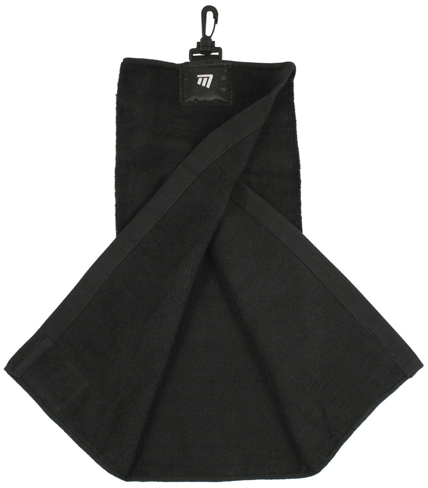 Masters tri-fold black golf towel displayed with logo, made of soft absorbent fabric for cleaning golf clubs and balls.