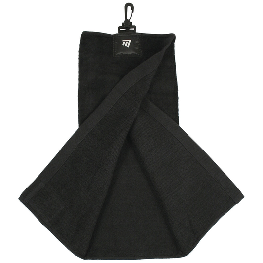 Masters Tri-Fold Golf Towel in black, a compact sporting goods accessory with soft fabric perfect for golf clubs and equipment.