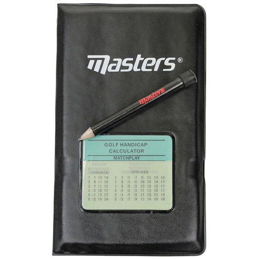 Masters D/L Score Card Holder for sporting goods, black with logo, designed to hold golf scorecards securely.