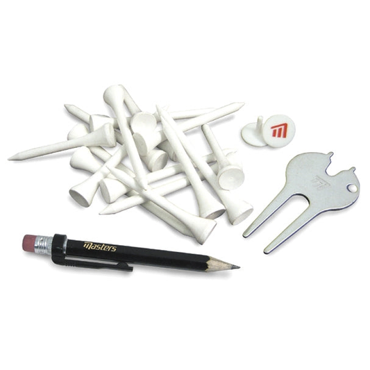 Masters Society Golf Accessories Pack showing various golf tools, tees, and markers arranged in a sleek sporting goods set.