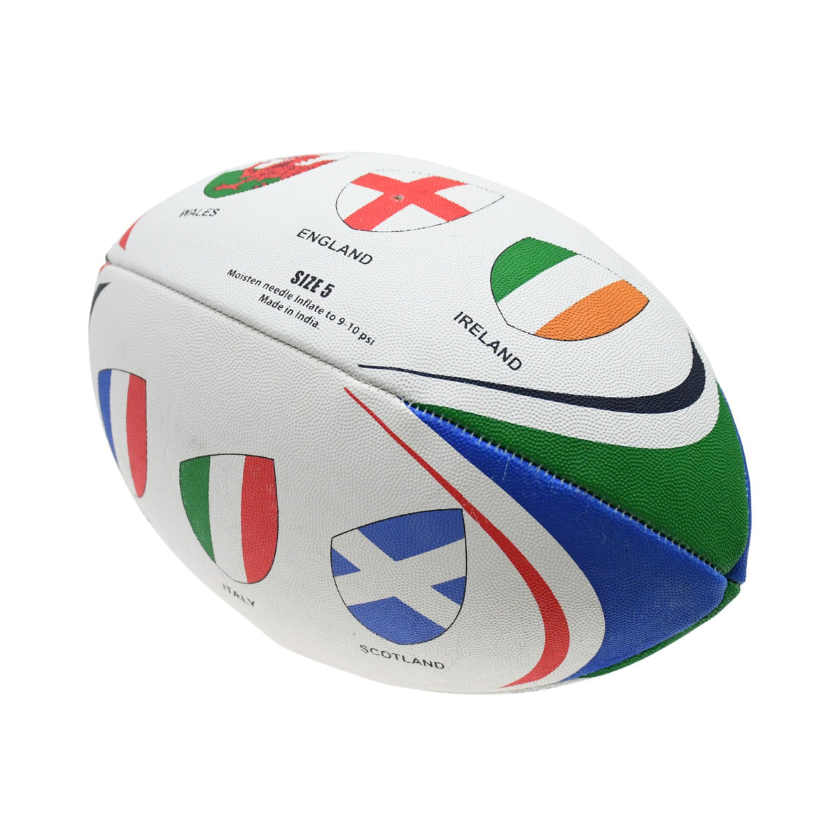 Gioco size 5 international tournament themed rugby ball with colorful design and branding, suitable for sporting goods and rugby games.